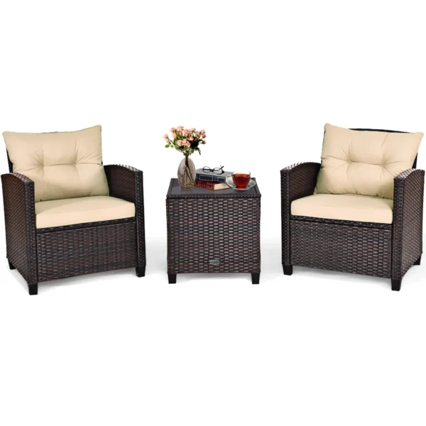 3-delige Patio Set Buiten Rotan Set Tuinmeubelen Rotan Met Zitkussen & Salontafel Buitenmeubelset Geel + Bruin