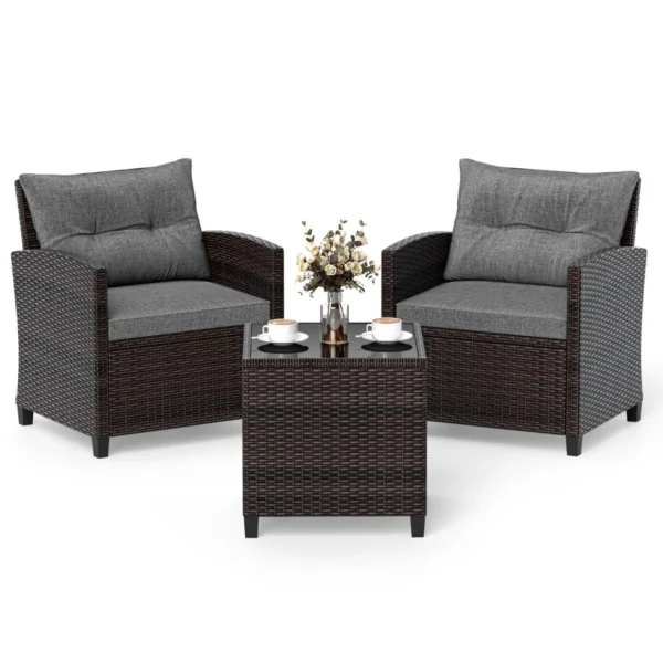 3-delige Tuinset Rotan Bistroset Met 2 Stoelen En 1 Tafel Met Gehard Glazen Blad En Kussens Loungeset Voor Balkon Tuin Grijs