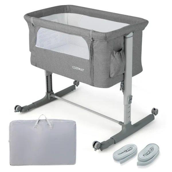 3-in-1 Baby Wiegje Met 5-Standen Verstelbare Hoogte 10° Kanteling Draagbaar Wiegje Voor Baby & Kind Licht Grijs