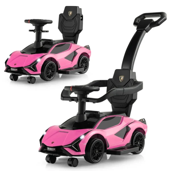 3-In-1 Kinderduwauto Gelijkvloerse Auto Met Lamborghini-Licentie Muziek Koplampen Afneembare Universele Wielen-Roze