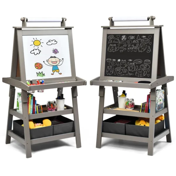 3 In 1 Kinderezel Kinder Schoolbord Dubbelzijdig Whiteboard & Schoolbord & Tekenpapier Voor Peuters Grijs