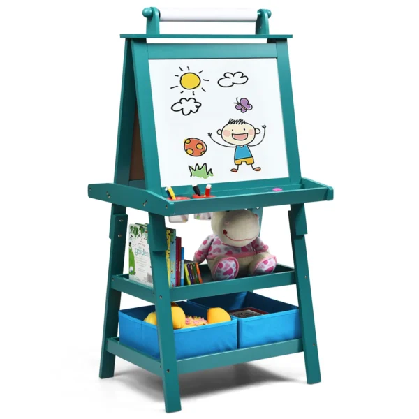 3 In 1 Kinderezel Kinderbord Dubbelzijdig Whiteboard & Krijtbord & Tekenpapier 59 X 50 X 117 Cm Blauw