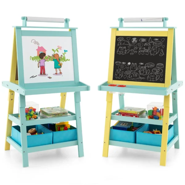 3-In-1 Kinderschildersezel Dubbelzijdig Whiteboard & Krijtbord & Tekenpapier 2 Planken Houten Bord Met 2 Opbergdozen Blauw + Geel