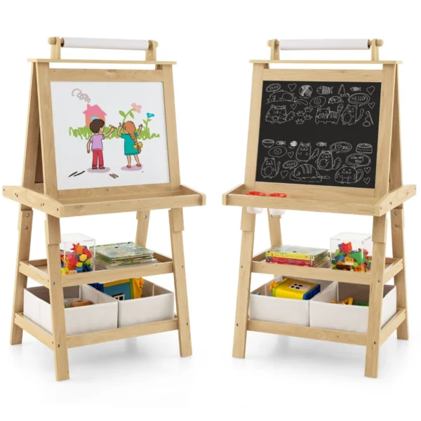 3-In-1 Kinderschildersezel Dubbelzijdig Whiteboard & Krijtbord & Tekenpapier 2 Planken Houten Bord Met 2 Opbergdozen (Natuur)