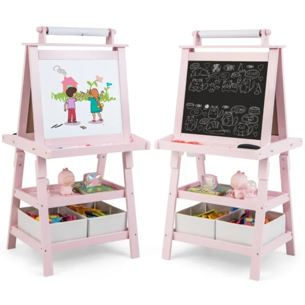 3-In-1 Kinderschildersezel Dubbelzijdig Whiteboard & Krijtbord & Tekenpapier 2 Planken Houten Bord Met 2 Opbergdozen (Roze)