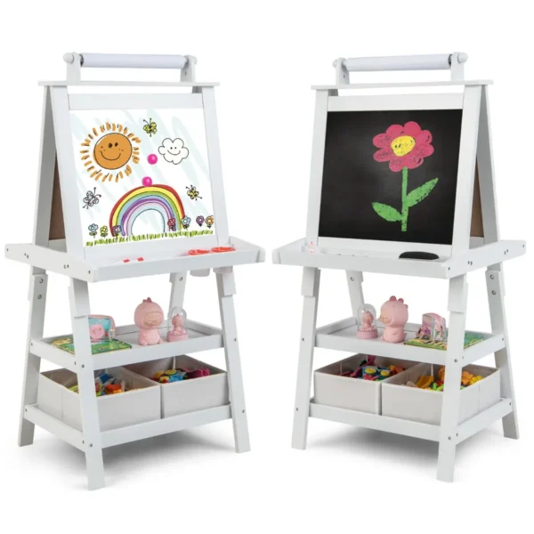3-In-1 Kinderschildersezel Kinderbord Dubbelzijdig Whiteboard & Krijtbord & Tekenpapier Staand Bord Incl. Magneten 2 Legplanken (Beige)