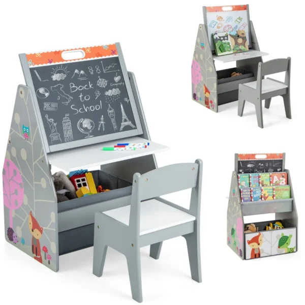 3-In-1 Kindertafel Kunstschildersezel En Krijtbord Kinderzitgroep Met Magnetisch Bord Whiteboard Stoffen Mand En Boekenkast (Grijs)