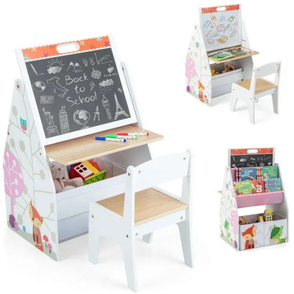 3-In-1 Kindertafel Kunstschildersezel En Krijtbord Kinderzitgroep Met Magnetisch Bord Whiteboard Stoffen Mand En Boekenkast (Wit)