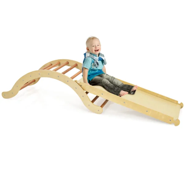 3 In 1 Klimladder Set Houten Boog Speelgoed Met Klimmen En Glijbanen Voor Kinderen 116 X 50 X 39 Cm Naturel + Blauw