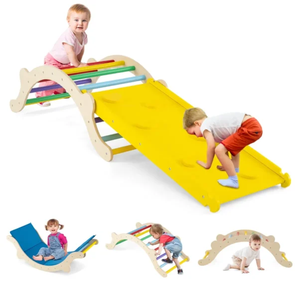 3-In-1 Klimladderset Voor Kinderen Houten Klimboog Klimdriehoek Met Omkeerbare Helling Kleine Kinderglijbaan (Bont Gekleurd)