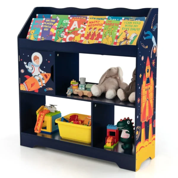 3-In-1 Speelgoedrek 3 Etages Kinderrek Met Opbergvakken En Deur Speelgoedorganizer Boekenrek Voor Kinderen 93 X 30 X 100 Cm (Blauw)