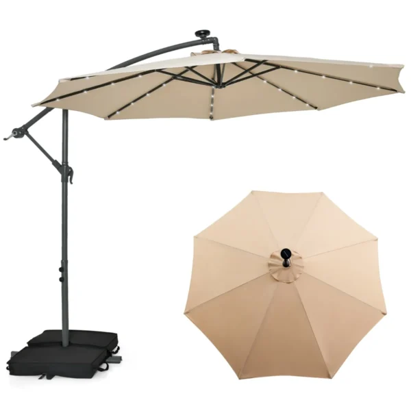3 M Tuinparasol Met Zandzakken Parasol Met 32 LED-lichten UV-Bescherming Terrasparasol Voor Tuin Zwembad Terras Beige