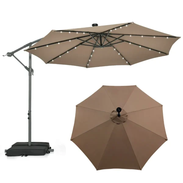 3 M Tuinparasol Met Zandzakken Parasol Met 32 LED-lichten UV-Bescherming Terrasparasol Voor Tuin Zwembad Terras Bruin