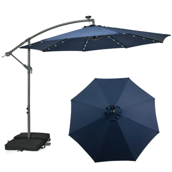 3 M Tuinparasol Met Zandzakken Parasol Met 32 LED-lichten UV-Bescherming Terrasparasol Voor Tuin Zwembad Terras Donkerblauw