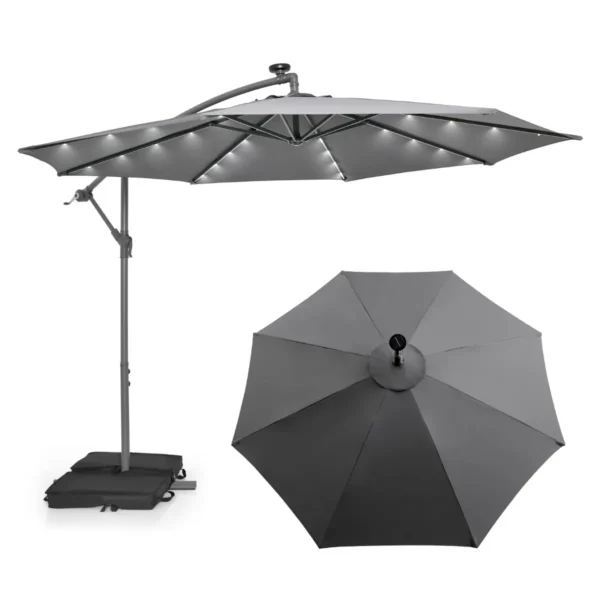 3 M Tuinparasol Met Zandzakken Parasol Met 32 LED-lichten UV-Bescherming Terrasparasol Voor Tuin Zwembad Terras Grijs