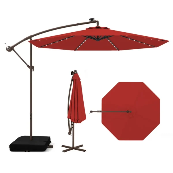 3 M Tuinparasol Met Zandzakken Parasol Met 32 LED-lichten UV-Bescherming Terrasparasol Voor Tuin Zwembad Terras Wijnrood