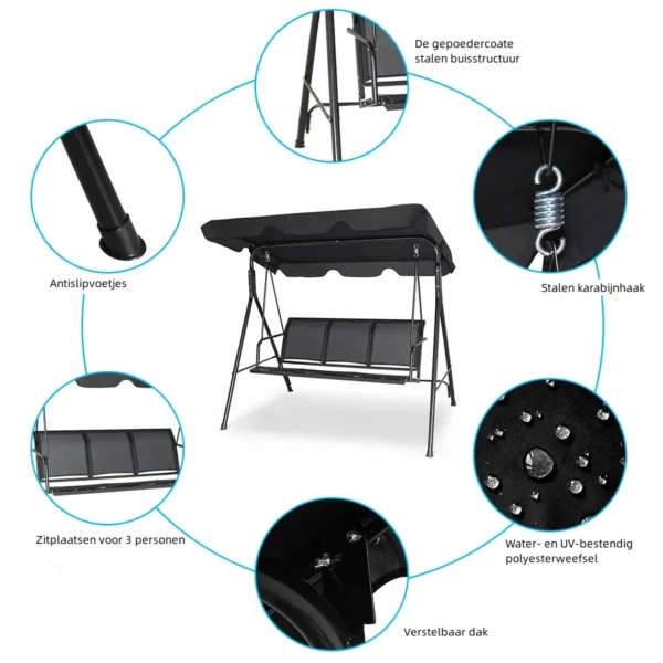 3 Persoons Schommelbank Stalen Frame Met Polyester In Hoek Verstelbare Luifel Weerbestendige Schommelbank - Zwart