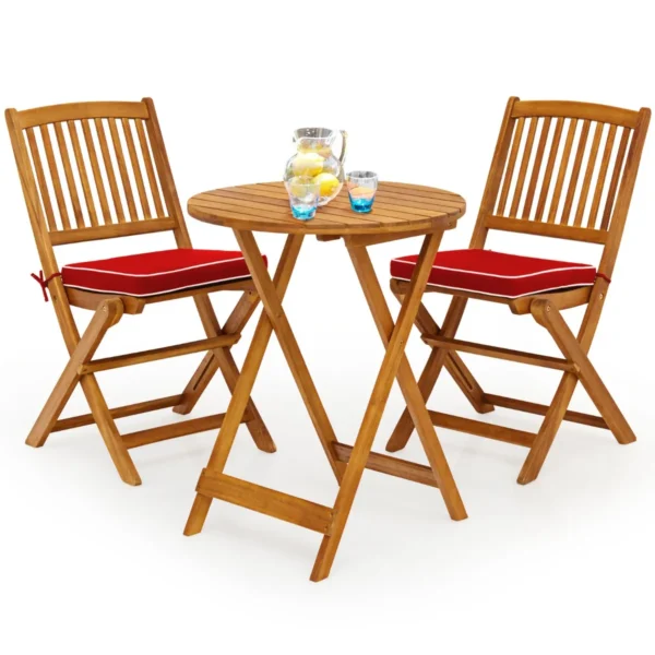 3 Stuks Buiten Vouwbare Bistro Set Tuinstoel En Tafel Set Acaciahout Frame Met Gewatteerde Kussen/Ronde Tafel En 2 Stoelen Natuurlijk + Rood