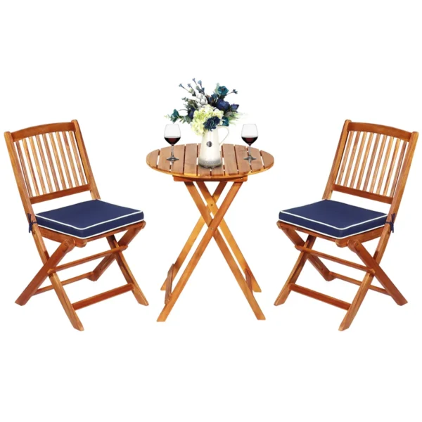 3 Stuks Buiten Vouwbare Bistro Set Tuinstoel En Tafel Set Acaciahout Frame Met Gewatteerde Kussen/Ronde Tafel En 2 Stoelen Voor Binnen