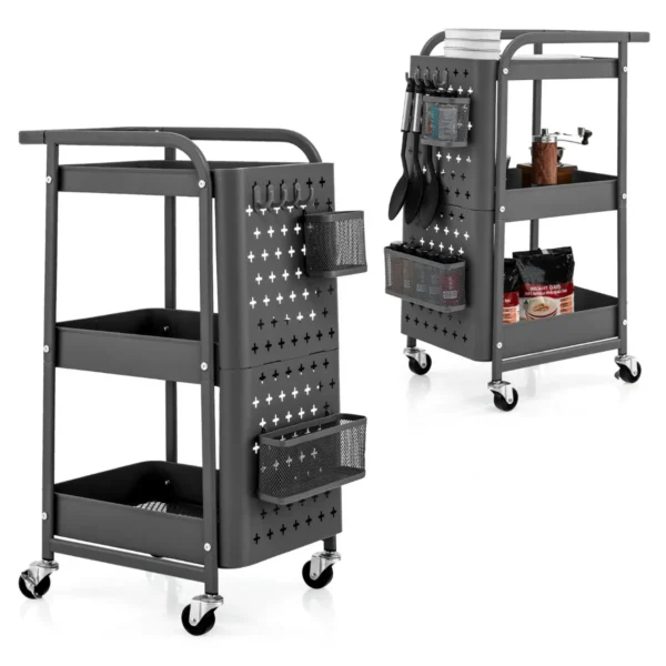 3 Tier Trolley Metalen Trolley Met 2 Pegboards & 2 Manden & 4 Haken Grijs