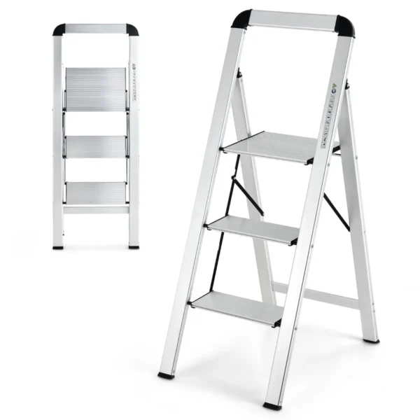 3 Treden Trapladder Staande Ladder Aluminium Vouwladder Tot 150 Kg Inklapbaar Antislip Ladder Voor Thuis Kantoor Garage Zilver