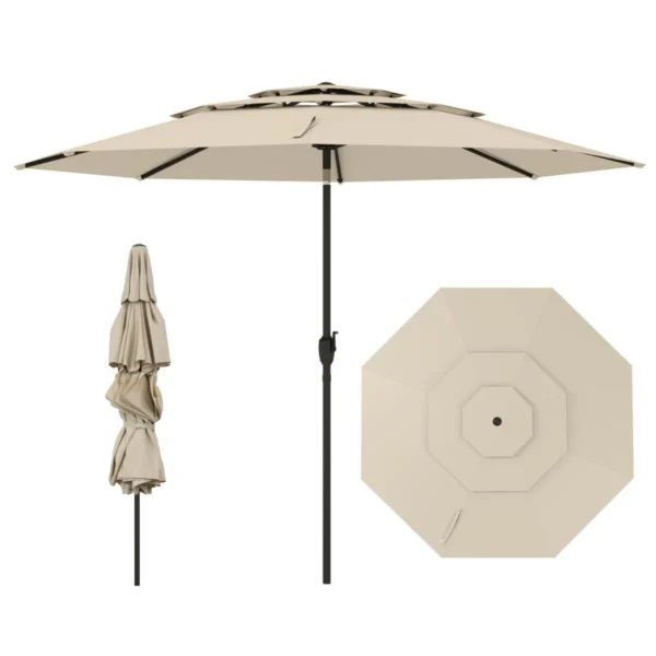300 Cm Grote 3-laagse Parasol Tafelparasol Met Kantelmechanisme Handslinger 8 Stevige Ribben Zonnescherm Voor Tuin Beige