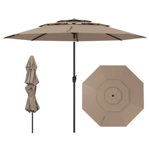 300 Cm Grote 3-laagse Parasol Tafelparasol Met Kantelmechanisme Handslinger 8 Stevige Ribben Zonnescherm Voor Tuin Lichtbruin