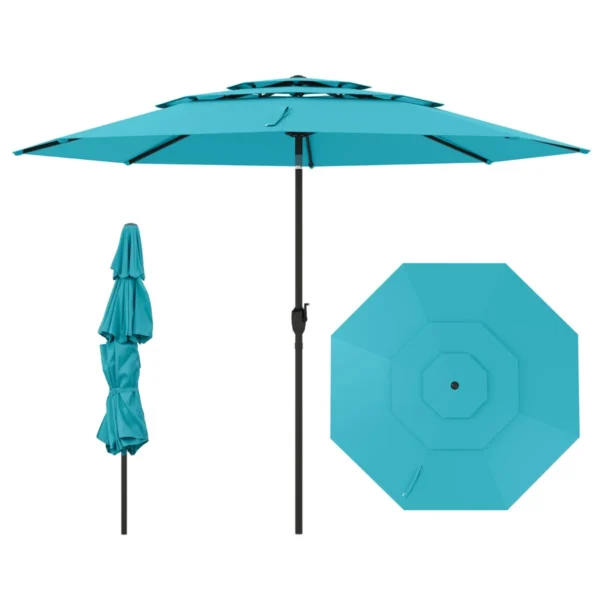 300 Cm Grote 3-laagse Parasol Tafelparasol Met Kantelmechanisme Handslinger 8 Stevige Ribben Zonnescherm Voor Tuin Strand Turquoise