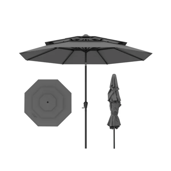300 CM Terrasparasol Met Geventileerd 3-Niveau Dak Grote Buitenparasol Met Drukknop Kantelen Slinger 8 Stijve Baleinen-Grijs