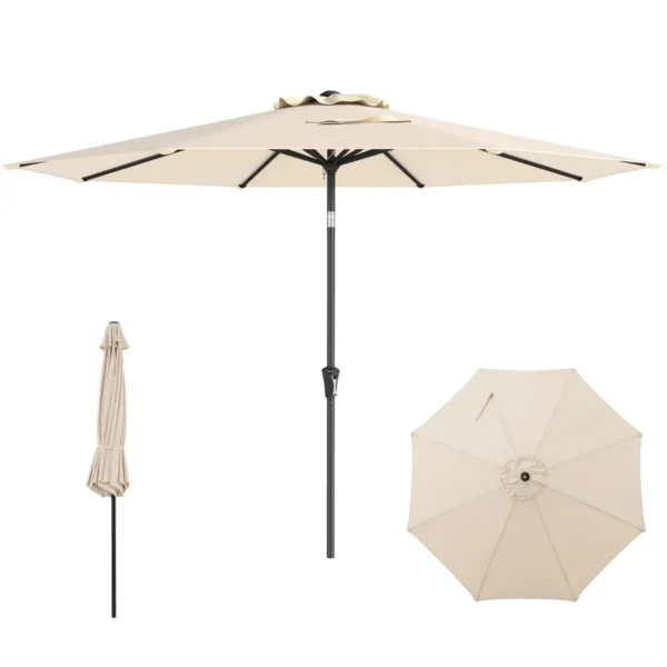 303 Cm Terrasparasol Kantelbare Parasol Met Zwengel & 8 Baleinen Dubbelgelaagde Tafelparasol Voor Tuin Terras Zwembad Beige