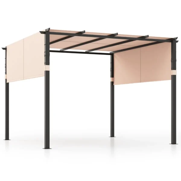 305 X 305 Cm Pergola Met Plat Dak Met Intrekbare Zonnekap Barbecuepaviljoen Voor Buiten Met 2 Verstelbare Zonneschermen-Beige