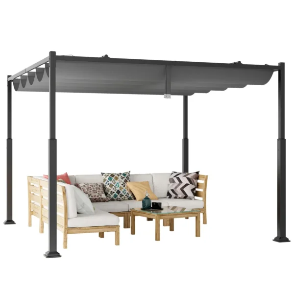 310x310cm Buitenpergola Met Uitschuifbare Luifel Zware Metalen Kolommen Moderne Zonnescherm Tuinhuisje Druivenrank Pergola