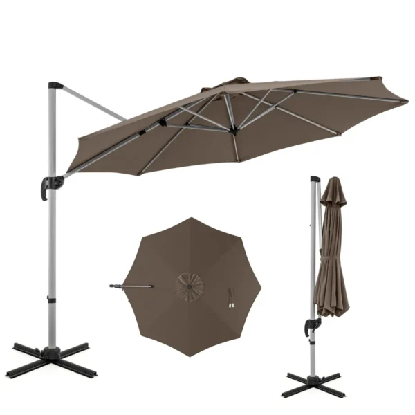 339cm Terrasparasol Met Verstelbare Kanteling Robuuste Winddichte Aluminium Vrijdragende Parasol Voor Achtertuin Tuin-Bruin