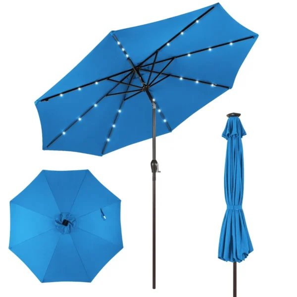 3M Patio Parasol Zonne-Energie Paraplu Met 24 LED-verlichting Marktparaplu UV-Bescherming Buitenparasol-Geen Parapluvoet-Blauw