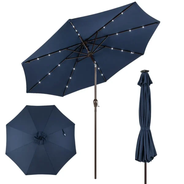 3M Patio Parasol Zonne-Energie Paraplu Met 24 LED-verlichting Marktparaplu UV-Bescherming Buitenparasol-Geen Parapluvoet-Donkerblauw
