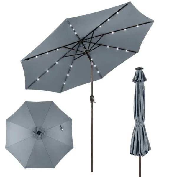 3M Patio Parasol Zonne-Energie Paraplu Met 24 LED-verlichting Marktparaplu UV-Bescherming Buitenparasol-Geen Parapluvoet-Lichtgrijs