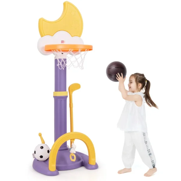 4-in-1 Basketbalhoepel Voor Peuters In Hoogte Verstelbaar Sporttoestel Met Basketbal Voetbal Golf En Ringenspel -Geel