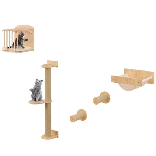 4-In-1 Kattenwandaccessoires Kattenwandplanken Met 3-Laags Kattenboom Hangmat Krabpaal En Mat Kattenklimboom Voor Binnenkatten