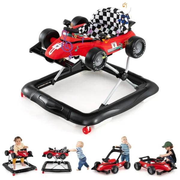 4-In-1 Loophulp Loopwagen Inklapbaar Met Instelbare Hoogte Babywalker Autovormig Met Stuur En Muziekdoos Rood