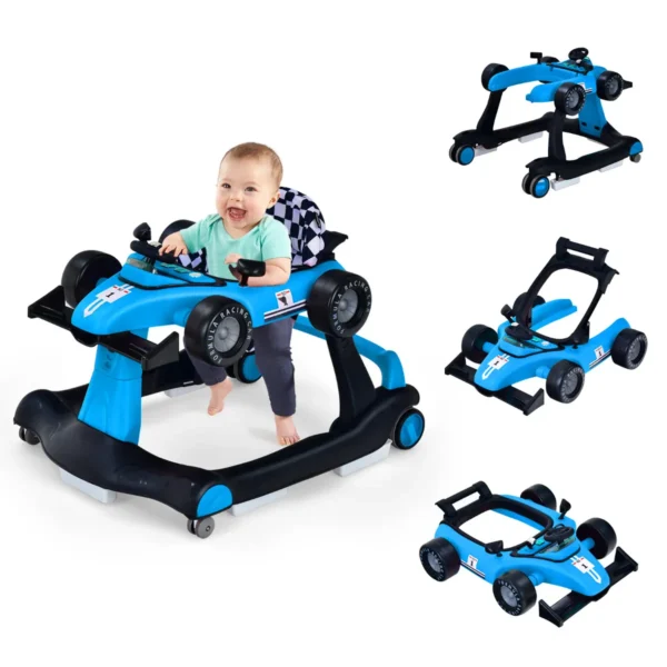 4 In-1 Loopwagen Met Instelbare Hoogte En Snelheid Babykart Met Anti-Slip Pads Inklapbare Babywandelaar Blauw