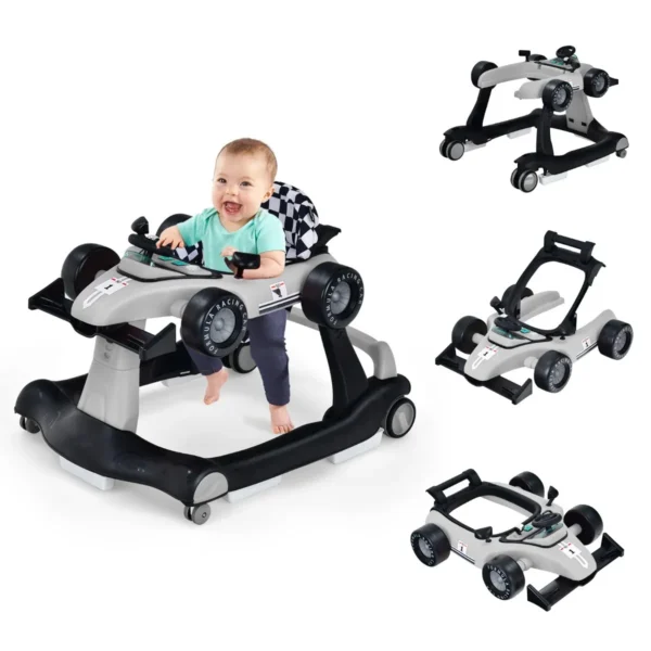 4 In-1 Loopwagen Met Instelbare Hoogte En Snelheid Babykart Met Anti-Slip Pads Inklapbare Babywandelaar Grijs