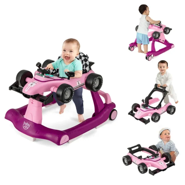 4 In-1 Loopwagen Met Instelbare Hoogte En Snelheid Babykart Met Anti-Slip Pads Inklapbare Babywandelaar Purper