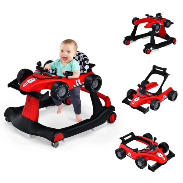 4 In-1 Loopwagen Met Instelbare Hoogte En Snelheid Babykart Met Anti-Slip Pads Inklapbare Babywandelaar Rood