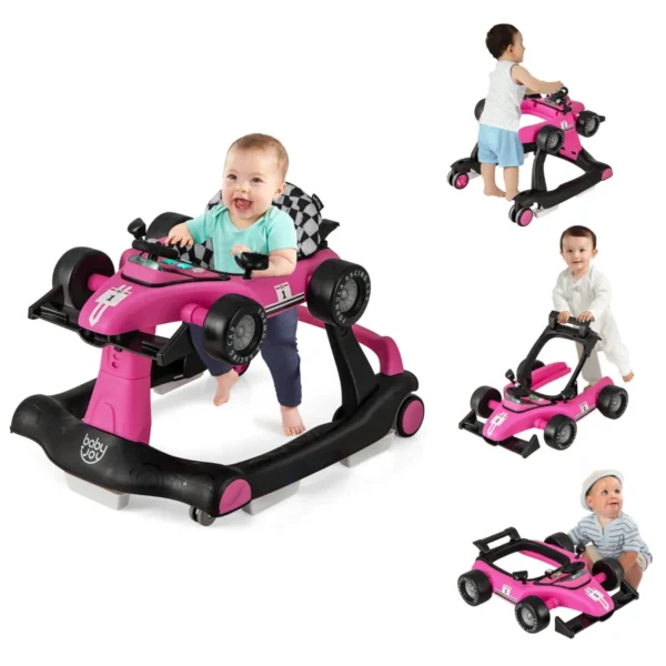 4 In-1 Loopwagen Met Instelbare Hoogte En Snelheid Babykart Met Anti-Slip Pads Inklapbare Babywandelaar Roze