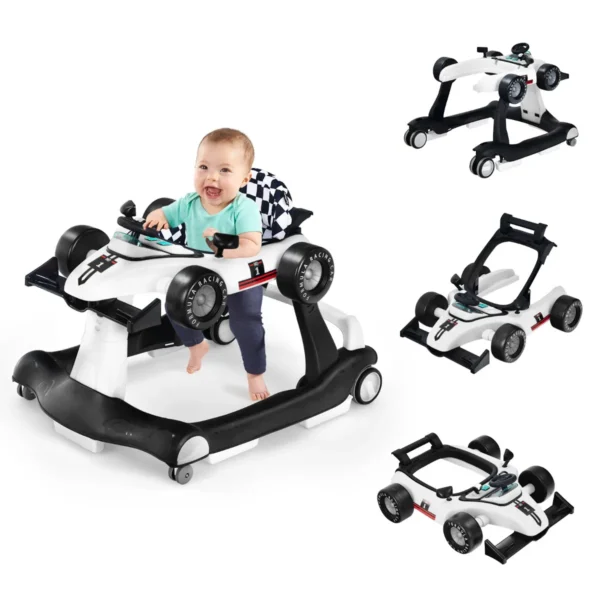 4 In-1 Loopwagen Met Instelbare Hoogte En Snelheid Babykart Met Anti-Slip Pads Inklapbare Babywandelaar Wit