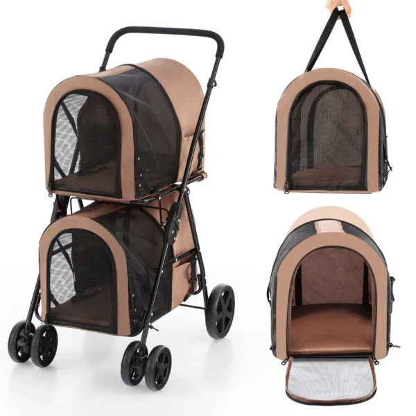 4-in-1 Multifunctionele Kat & Hond Wandelwagen 2-Laags Hondenbuggy Huisdierbuggy Tot 16 Kg Snel In Te Klappen Beige