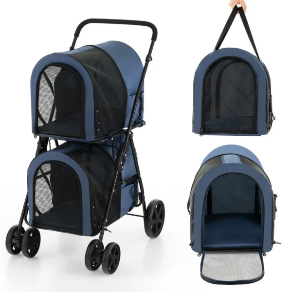4-in-1 Multifunctionele Kat & Hond Wandelwagen 2-Laags Hondenbuggy Huisdierbuggy Tot 16 Kg Snel In Te Klappen Marineblauw