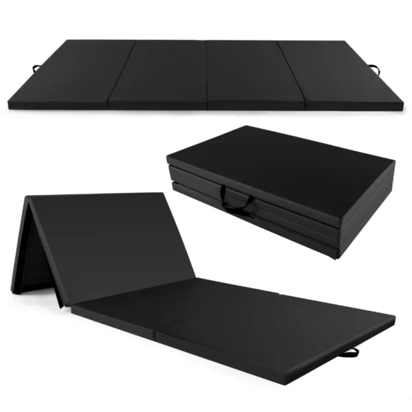 4-Laags Opvouwbare Turnmat Met Handgrepen Kunstleeren Mat Met Klittenband Voor Gymnastiek Yoga MMA Basistraining Zwart