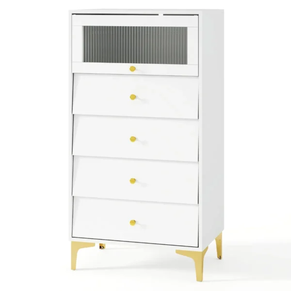 4 Ladekast Moderne Opbergkast Met Kantelbare Geribbelde Glazen Deur Gouden Metalen Poten En Anti-Kantelontwerp