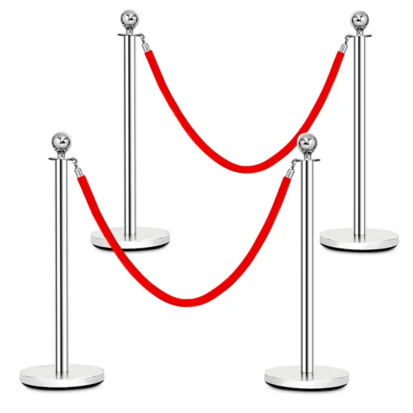 4 Stuks Afzetpaal Set Ronde Top Gepolijst Roestvrij Afzetpaal Wachtrij Paal Met 150cm Rood Fluwelen Touw Menigte Controle Barrière